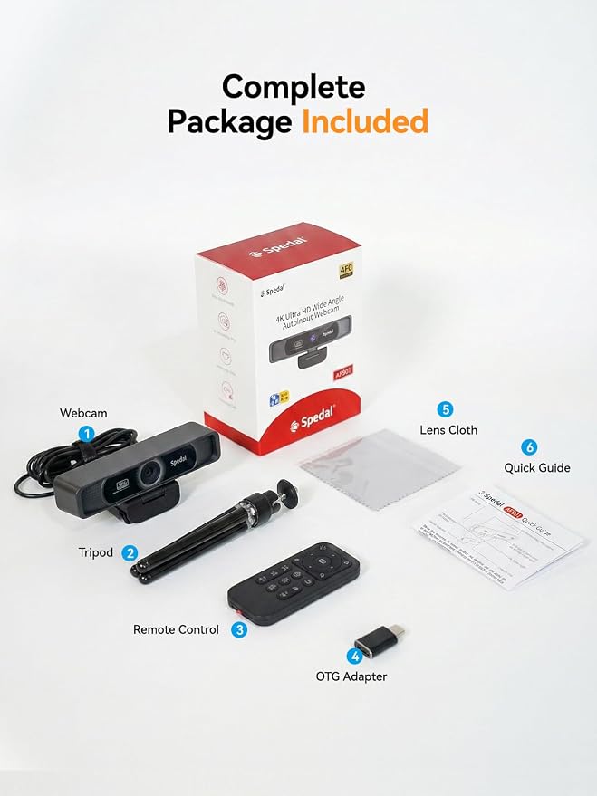 Spedal 4K Webcam with Tripod, Wide Angle 120° USB Webcam, Sony 1/2.8" Sensor, Dual Microphones, Remote Control, Auto Focus for Video Conferencing, Online Meetings, Streaming, Zoom & Teams | USB Webcam, 1/2.8", Dual Microphones, Auto Focus for Video Con... - Image 9