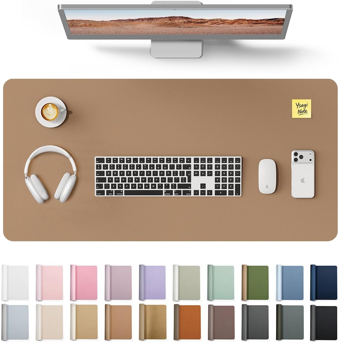 YSAGi Leather Desk Protector, Office Mat, Large Mouse Pad, Non-Slip PU Leather Blotter, Laptop Desk, Waterproof Writing Pad for Office and Home (Khaki, 35.4" x 17") by YSAGi