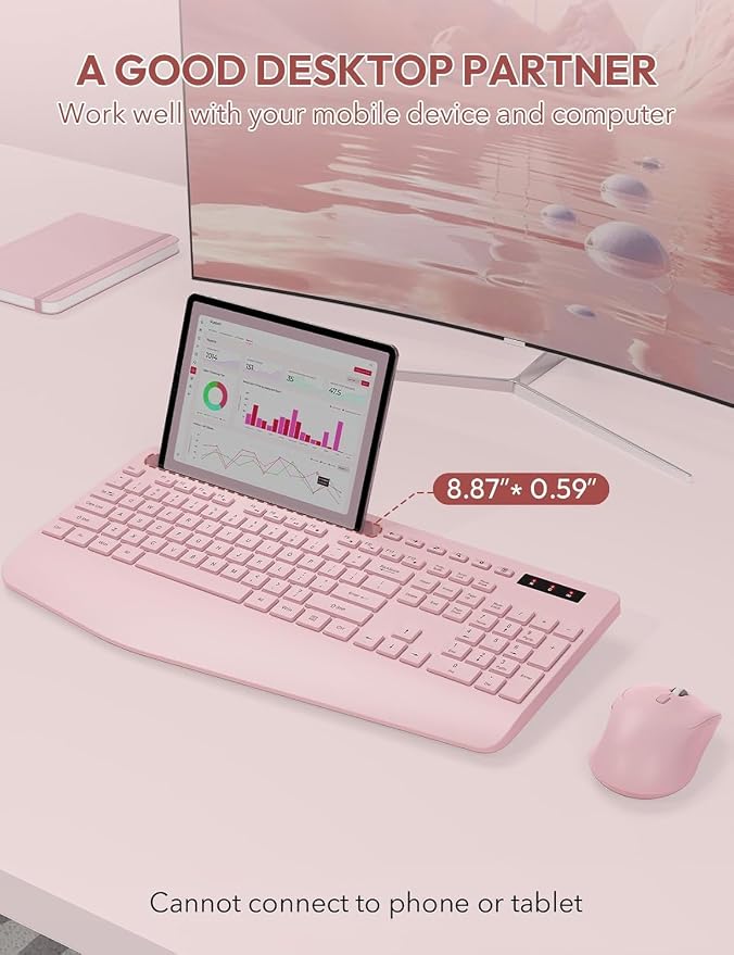 Wireless Keyboard and Mouse Combo, Full Size, Ergonomic Wrist Rest | 2.4G Lag-Free, 3-Level DPI, Phone Holder, Silent Typing, KM23D Batteries Powered Set for PC, Laptop, Windows, macOS (Pink) - Image 3