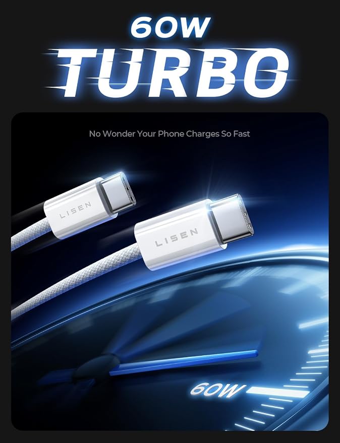 LISEN USB C Cable, 5-Pack [3.3/3.3/6.6/6.6/10FT] USBC to USBC Cable for iPhone 16e 15 Pro Max Charger Cord, 60W (3.1A) C to C Cable Fast Charging for Samsung S25/S24/23, Switch 2, iPad, MacBook,White - Image 3