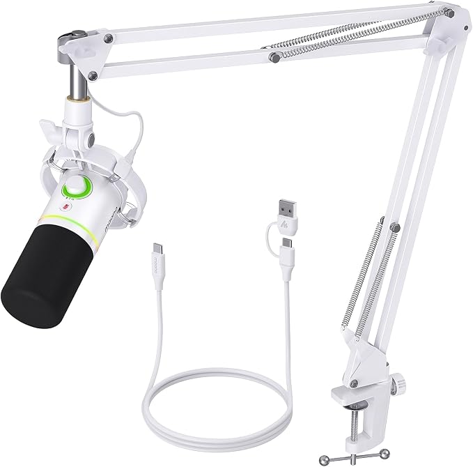 MAONO PD200XS XLR/USB Dynamic Microphone Kit, RGB Gaming Mic with Software | PC Mic with Mute, Gain Knob, Volume Control, Boom Arm for Streaming, Gaming, Podcasting, Voice-Over, Recording, White by MAONO
