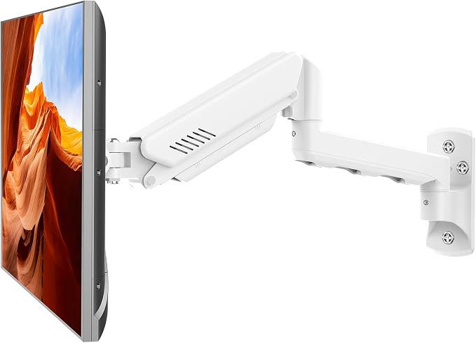 Single Monitor Wall Mount Fits 17-32" Computer Screens. White | Single Wall Arm Holds up to 19.8lbs, Height Adjustable Gas Spring Wall Stand Tilt, VESA Mount 75/100 by ERGOFOCUS