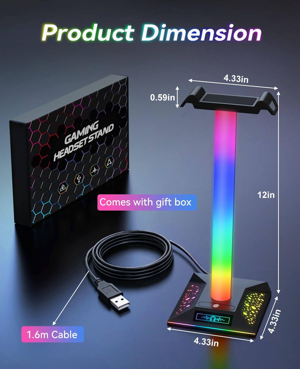 RGB Gaming Headset Stand, LED Headset Holder with 3 Charging Ports (2 USB & 1 Type-C) & 10 Lighting Modes, Headphone Stand Cool Stuff for Boys, Desk PC Gaming Accessories Gifts for Gamers Men Adult - Image 7