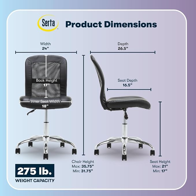 Serta Essential Armless Task Chair, Small Desk Chairs with Wheels, Breathable Mesh Back and Faux Leather, Quality Foam Cushion Seat for Comfort, Minimal Design for Vanity Table, Black - Image 3