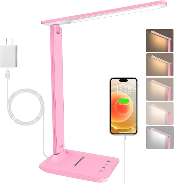 LED Desk Lamp for Office Home, Bright Desk Light with USB Charging Port, Adjustable Dimmable Desk Lamps 5 Modes 5 Brightness, Touch Study Lamp for Nail, Craft, Puzzle, Sewing, Study, Pink by Unknown