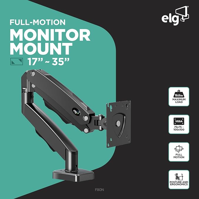 ELG Gas Spring Monitor Arm, Full Motion, 20.9" Reach, 17-35" Screens 19.8 lbs, +85°/-30° Tilt, 360° Rotation, C-Clamp & Grommet, VESA 75x75 to 100x100mm, Cable Organizer, Black - Image 2