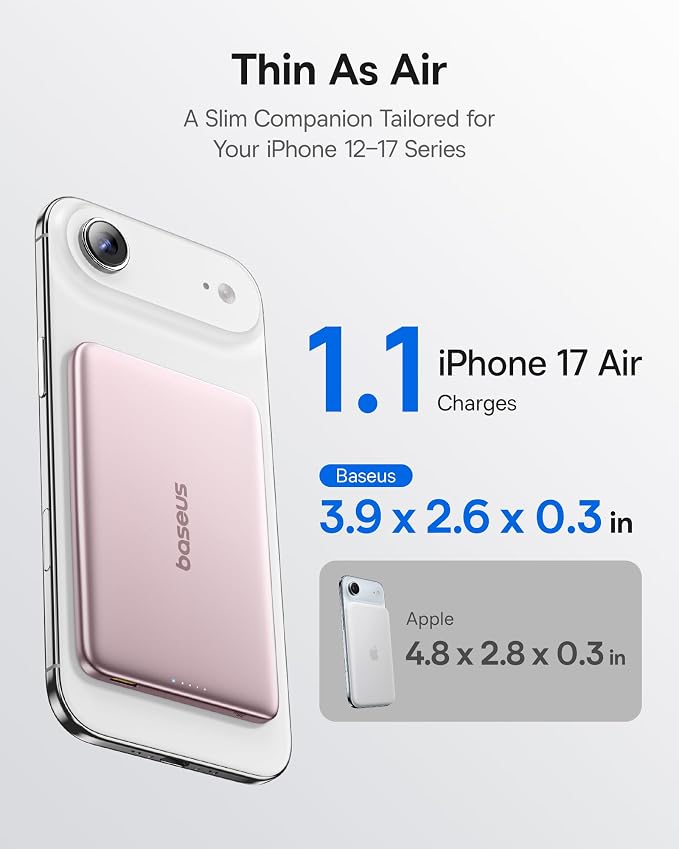 Baseus Picogo Power Bank, 0.3" Ultra Slim 5000mAh MagSafe Portable Charger, Card-Size Magnetic Battery Pack with USB-C Braided Cable, Alloy Wireless Charger for iPhone 17 Pro Max/17 Air/16/15/14/13/12 - Image 2