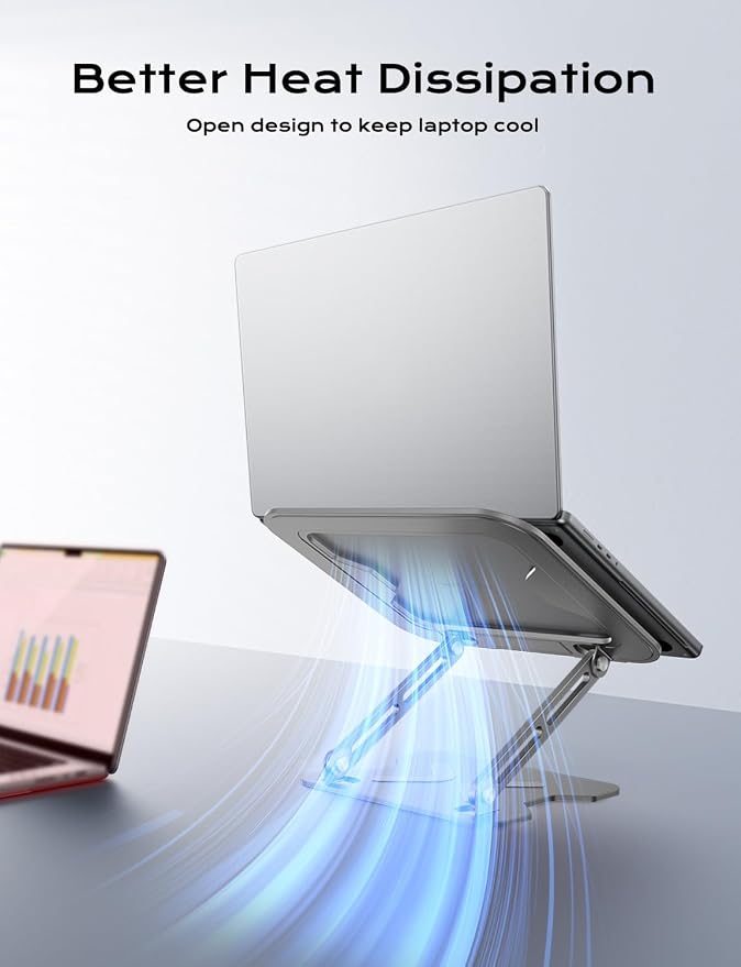 JCZT Adjustable Laptop Stand for Desk, Metal Foldable Laptop Riser, Grey | Ergonomic Portable Laptop Stand, Ventilated Cooling Computer Notebook Holder for MacBook Air Pro, All 10-16'' Laptops - Image 6