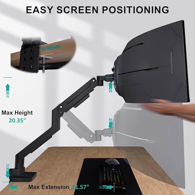 WALI Heavy Duty Monitor Arm for 13-49 inch 1000R Curved Screens，up to 44lbs | Ultrawide Monitor Desk Mount，Full Motion with Tilt, Swivel, Rotation, C-Clamp & Grommet Base, VESA 75/100mm (GSM001XL), Black - Image 5