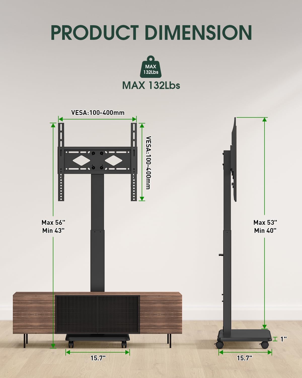 Portable Rolling TV Stand for 32-65 Inch Screens, Bedroom, Black - Image 3