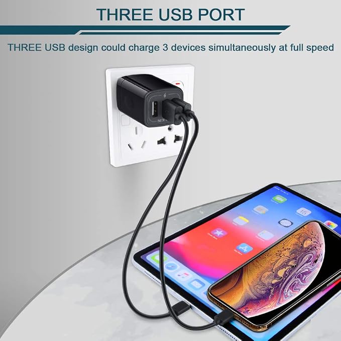 Wall Charger Plug, USB Charger Cube, AILKIN 3.1A 3-Muti Port USB Adapter | Power Plug Charging Station Box Black Base for iPhone 17 16 15 14 13 12 11 Pro Max/SE, Samsung Galaxy Phones Charge Block - Image 5