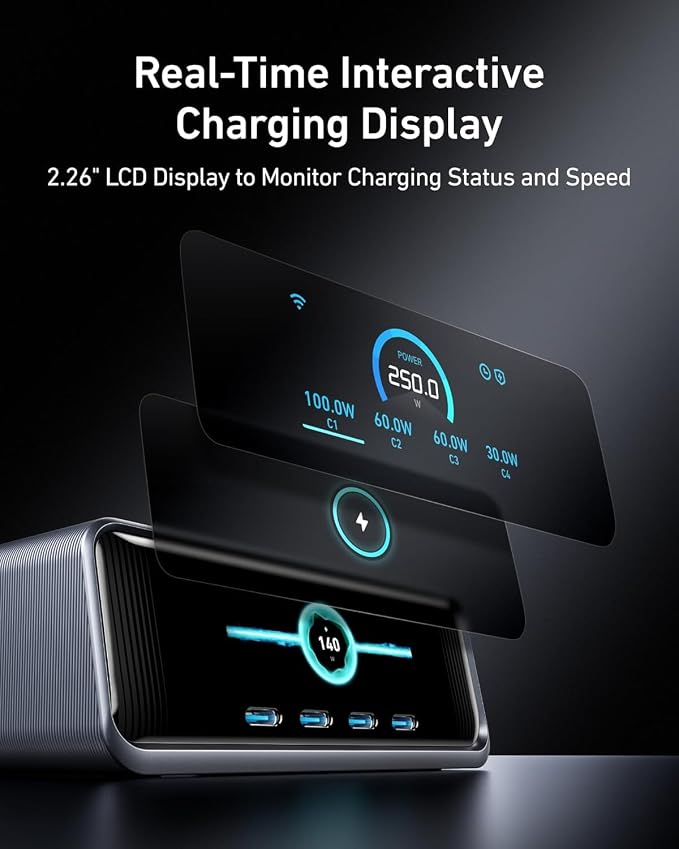 Anker Prime Charging Station, 250W 6-Port GaN USB C Charger | 2.26" LCD Smart Display Control, Compatible with iPhone, Galaxy, MacBook, Dell for Home Office, Gaming Desk Accessories - Image 3