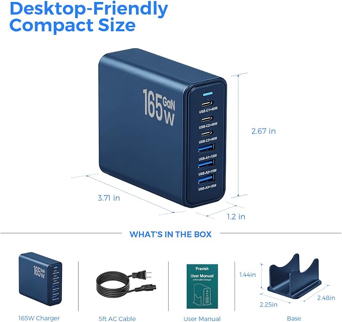 165W GaN Charging Station, 6-Port USB C & USB A Charger, Navy Blue | 165W GaN, 6-Port USB Charging Station, 3x40W USB-C + 3x15W USB-A, ABS+PC, Charge 6 Devices, Home Office Travel - Image 8
