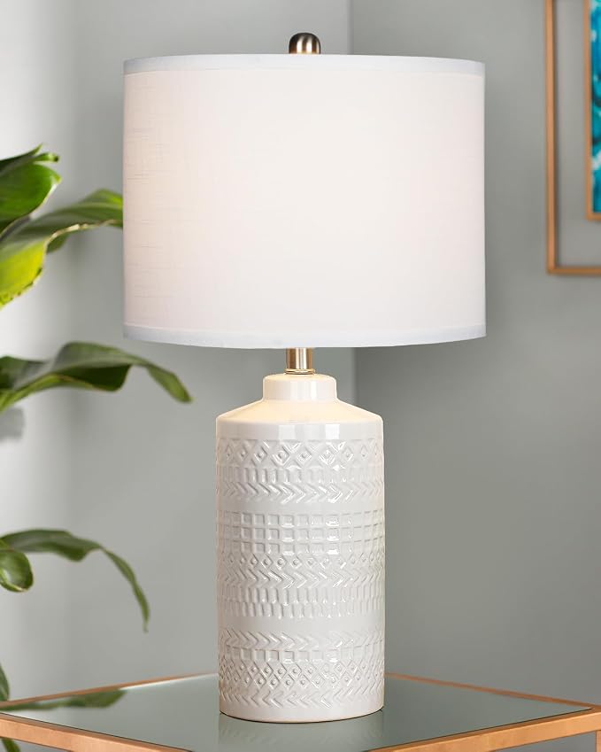 JUNNAI 24.5" White Ceramic Table Lamp 3-Way Dimmable Nightstand with White Linen Shade Bedside Lamp for Bedrooms & Living Room Office Reading(Bulb Included) by JUNNAI