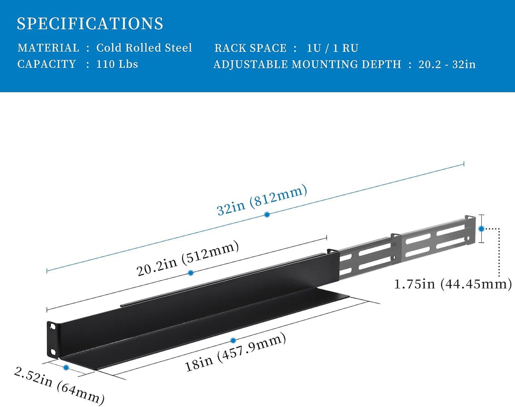 1U 4-Post Server Rack Rail, 20.2-32 Inch Adjustable Depth - 110lbs Capacity - Image 2