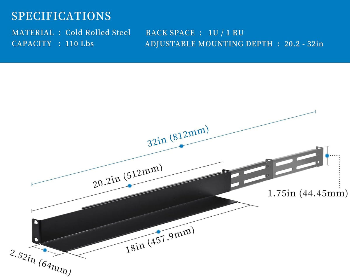 1U 4-Post Server Rack Rail, 20.2-32 Inch Adjustable Depth - 110lbs Capacity - Image 2