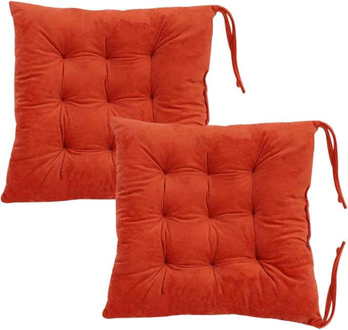 2 Pack Square Seat Cushion Chair Pads for Kitchen Dining Chairs, Soft Comfort Velvet Chair Mat Pillow Cushions with Ties for Office Desk Living Room Tatami 15.5", Orange by MissSoul