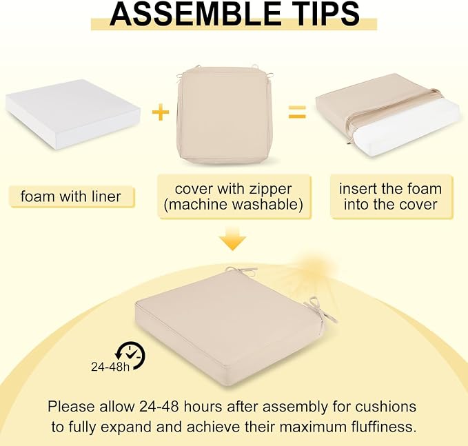 downluxe Waterproof Outdoor Chair Cushions for Patio Furniture, 22" x 22" x 3" Patio Chair Cushion with Adjustable Ties & Portable Handle, Square Outdoor Cushion with Removable Cover, Beige, 2 Pack - Image 7