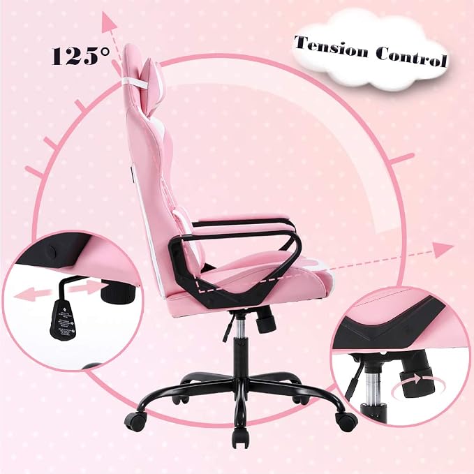 BestOffice Gaming Chair | Pink | Desk Chair with Adjustable Lumbar Support | Headrest Pillow | Ergonomic Racing Style Seat with Recline, Swivel Base & Rolling Wheels | For Gamers, Home, Office - Image 5