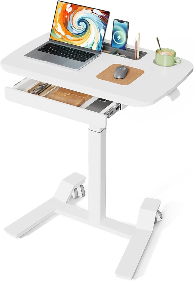 JOY worker Rolling Desk Adjustable Height, Mobile Standing Desk with Drawer | 28" Small Portable Laptop Workstation, Low Base & Moveable Wheels, Cable Storage Tray, Cup Holder, White, Home Office Teacher by JOYworker