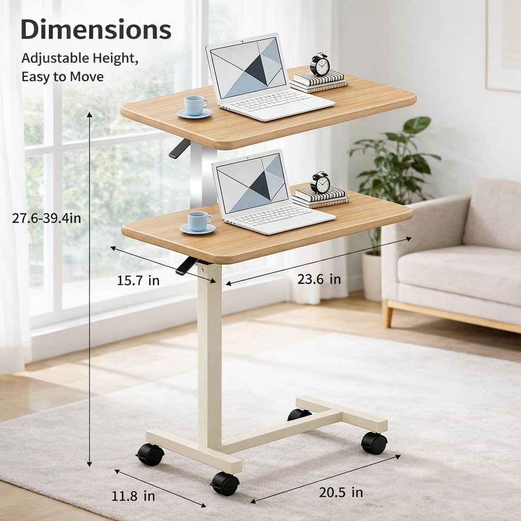 Adjustable Overbed Table with Wheels, Pneumatic Height Lift Rolling Bedside Table, Standing Desk for Home & Office Use, Ideal for Seniors & Limited Mobility(Walnut White) - Image 2