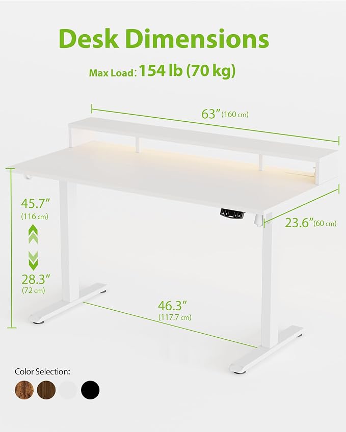 Agilestic 63 * 24 Inch Electric Standing Desk with Shelf & Led, White | Electric Height Adjustable, Outlets&Led, Monitor Stand, Sturdy Steel Frame, Memory Presets, Hooks, 154 lbs, Splice Board - Image 2