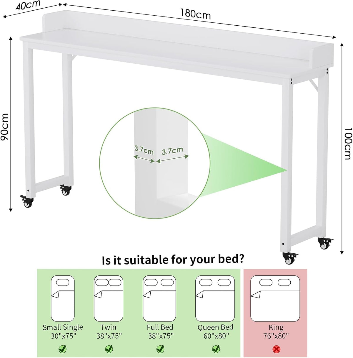 Overbed Table with 360° Wheels, Queen Size Mobile Bed Desk, White - Image 2