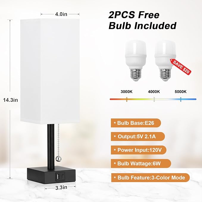 Set of 2 White Bedside Table Lamps for Bedroom - Nightstand Lamp, USB C+A | Pull Chain Lamp, 3 Color Modes(3000K/4000K/5000K), E26 LED Bulb Included, Square White Fabric Lampshade, for Read, Work, Dorm - Image 5
