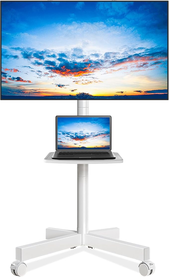 Rfiver Mobile TV Stand for 23-65 Inch Flat/Curved TVs up to 88 lbs White | Rolling TV Stand with Adjustable Shelf & Tilt, Portable Floor Stand on Wheels for Bedroom, Living Room, Max VESA 400x400mm by Rfiver
