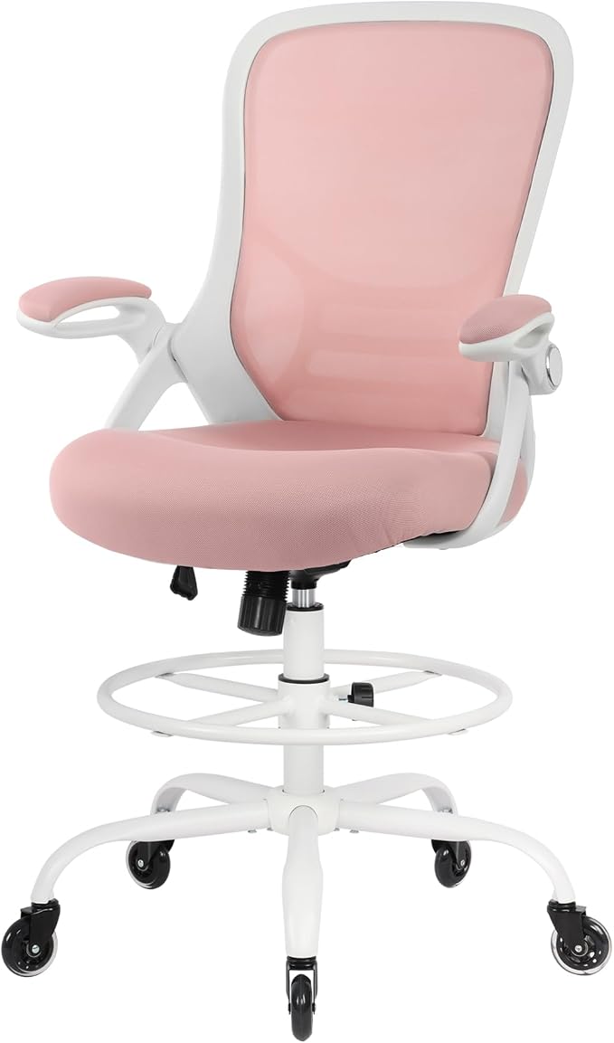 Drafting Chair Tall Office, Ergonomic Standing Desk Stool Adjustable Big and Tall Drafting Office Chair with Flip-Up Armrests, Mesh, Pink - Image 8