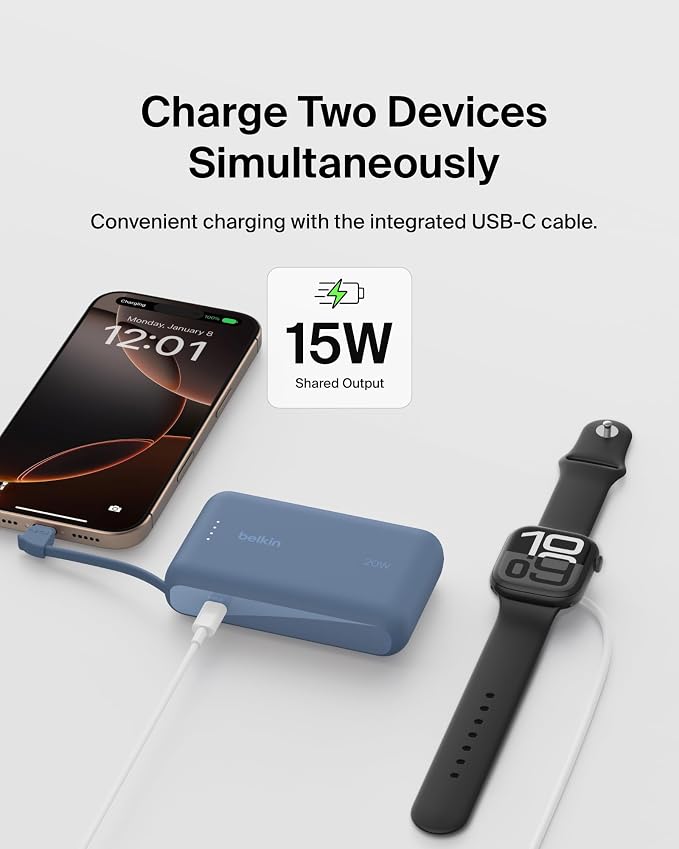 Belkin 10000mAh 20W USB C Power Bank, Portable Charger for iPhone & iPad | Fast Charging, Integrated USB C Cable, Eatra USB C Port, iPhone 17, iPad, Samsung Galaxy S26, Charge 2 Devices - Image 6