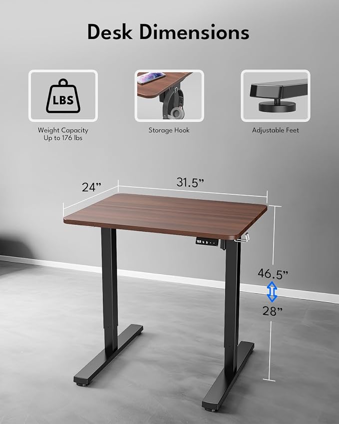 Small Electric Standing Desk, Gaming Desk, 31.5x24 Inch, Walnut | Height Adjustable Computer Desk with Smart Controller, Sit and Stand Up Table for Home, Office, Work, Study, Writing - Image 2