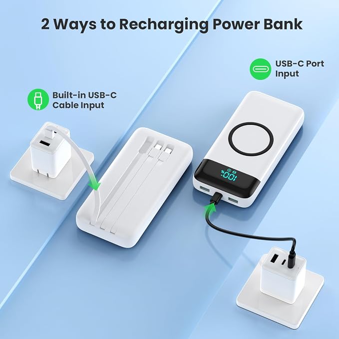YHO Wireless Portable Charger 40800mAh for iPhone with Built-in Cables, 15W Wireless Charging USB C Power Bank,25W PD Fast Charging Travel Essential Battery Pack for iPhone 17/16/15,Android-White - Image 4