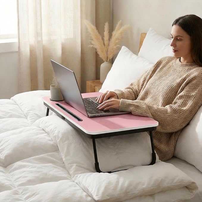 BUYIFY 23.4" Foldable Lap Desk Bed Table with Cup Holder Portable Tray | Folds Flat for Easy Storage, No Assembly Laptop Bed Desk, Sturdy and Lightweight, Patent Design,Pink - Image 7