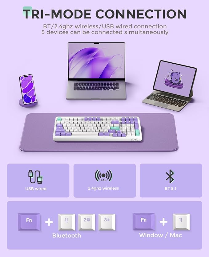 DAREU EK98pro Wireless Mechanical Keyboard, Gasket Hot Swappable Custom Structure, Creamy Pre-lubed Linear Switches, PBT Keycaps, BT5.0/2.4GHz/USB-C, RGB Backlit Gaming Keyboard for Win/Mac - Image 3