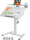 28" Glass Standing Desk, Tiltable Top with 2-Tier Shelves, White | Pneumatic Rolling Desk, Adjustable Height Mobile Computer Workstation, Portable Studio Drafting Table & Laptop Cart on Wheels by LiftSync