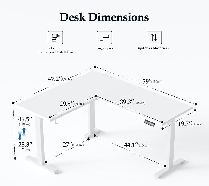 Klicelor L Shaped Standing Desk 59 x 48 Inch, Electric Height Adjustable Corner Desk for Home Office Workstation, Ergonomic Sit Stand Computer Table with Memory Controller, White - Image 3