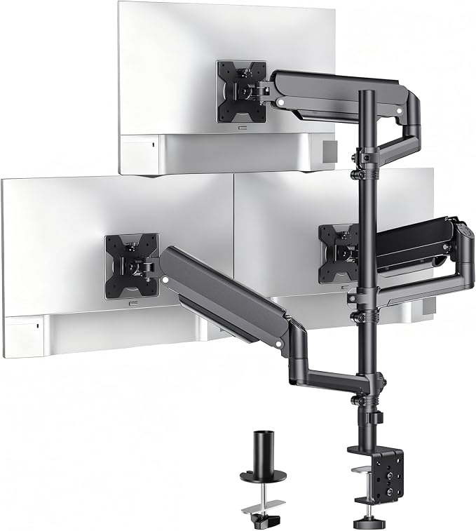 WALI Stacked Triple Monitor Mount for 13-34 inch Screens, 19.8 lbs per Arm | 3 Monitor Desk Mount, Full Motion with Tilt, Swivel, Rotation, C-Clamp & Grommet Base, VESA 75/100mm (GSDM003XL), Black by WALI