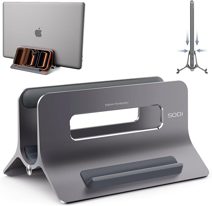 Vertical Laptop Stand for Desk, Gravity Auto Lock MacBook Stand, Aluminum Laptop Holder Vertical Compatible with MacBook Pro, Air, Tablet, Space-Saving Organize Work & Home Office, Gray by SODI