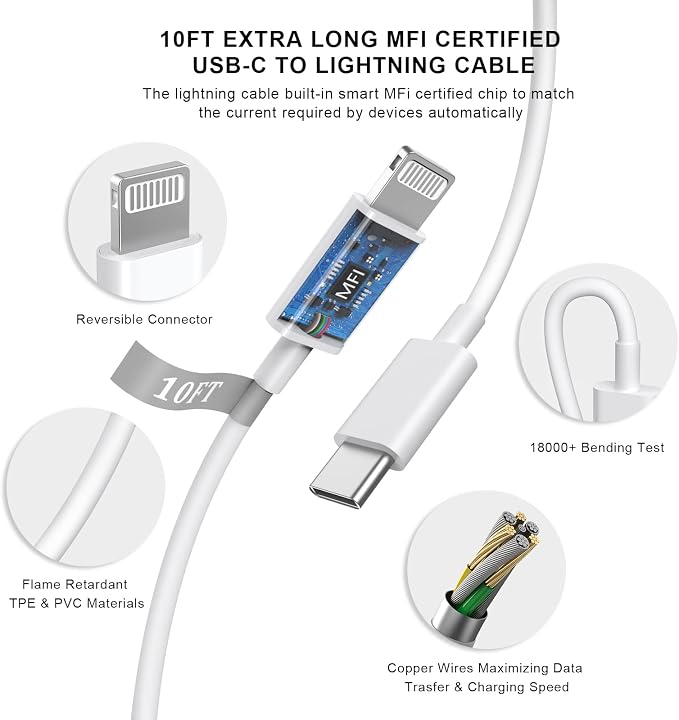 iPhone 14 13 Charger Fast Charging 10 FT, 20W USB C Charger Block & Cable | [Apple MFi Certified] 20W Type C Wall Charger & 10FT Long USB C to Lightning Cable for iPhone 14 13 12 11 Pro Max XS XR X 8 7 - Image 6