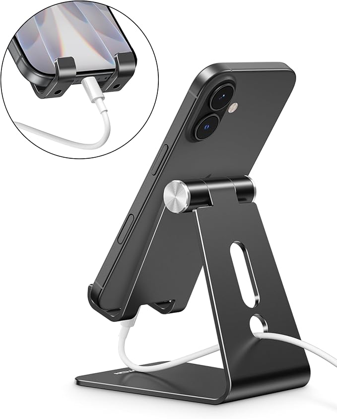 OMOTON C2 Adjustable Aluminum Cell Phone Stand with Charging Cutout, Black | Sturdy 3mm Base with Non-Slip Silicone Pads, Multi-Angle, Works with 19mm Thick Cases Smartphones, Desktop Recording Facetime - Image 6