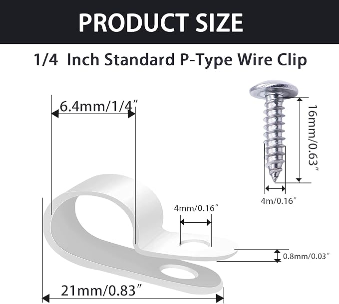 mankk 100PCS 1/4 Inch Rope Light Clips P-Style Mounting Clips Plastic Cable Clamps with Compatible Stainless Steel Pan Head Phillips Screws for Wire Management M-034-W-LS - Image 4