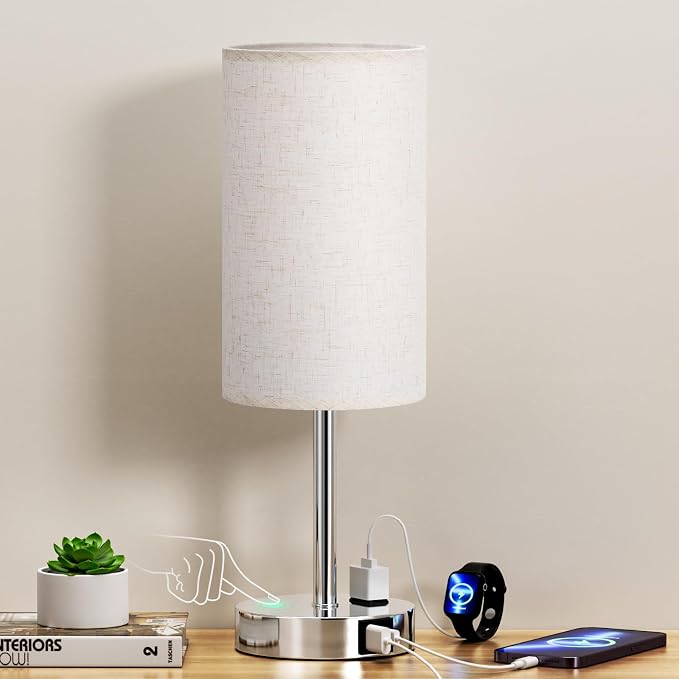 White Touch Table Lamp for Bedroom - Bedside Desk Lamp for Dorm Study | 17" Night Stand Lamp, USB A+C Ports, 3-Way Dimmable, LED Bulb Included, White Linen-Texture Shade, Sleek Silver Metal Baset by DicooolDirect