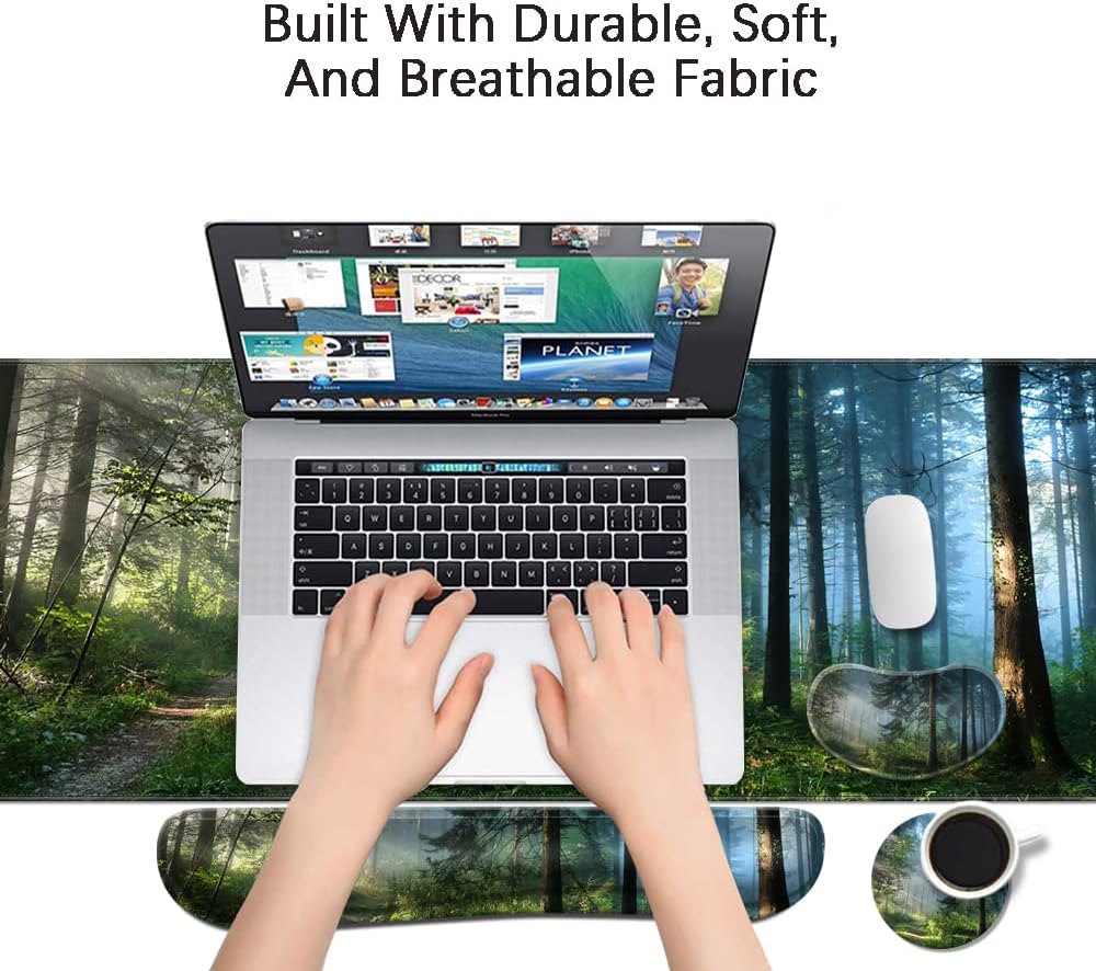MIBITRI Keyboard Mouse Pad Set, Extended Gaming Mouse Pad+Ergonomics Keyboard Wrist Rest Support, Memory Foam, Easy Typing Pain Relief, 3Pcs XXL Ultra Thick Desk Mat, Forest in The Morning - Image 6