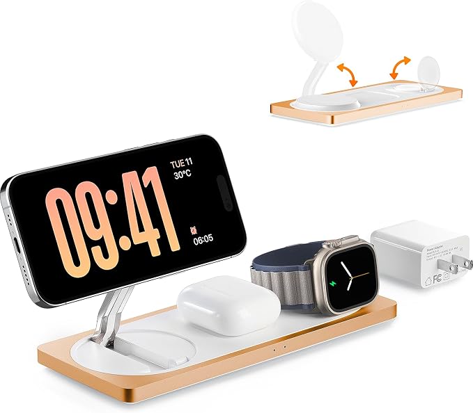 3 in 1 Wireless Charging Station for Apple Devices with MagSafe | For iPhone 17/Air/16/15/14/13/12, AirPods & Apple Watch, Foldable Portable Aluminum Charging Stand, Adapter Included - Image 7
