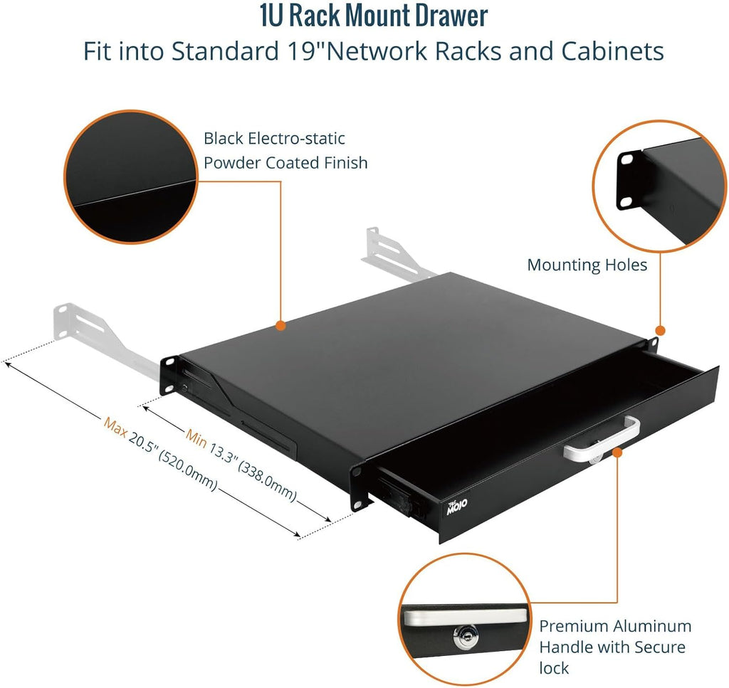 Tecmojo 1U Rack Drawer,Rack Mount Drawer for 19in Network Equipment/Server/AV Rack or Cabinet Enclosure,Sliding and Lockable Server Rack Drawer - Load-Bearing 44lb (20kg),with Cable Management Holes - Image 4