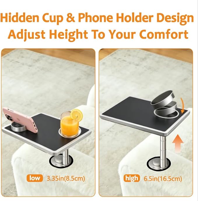 Sofa Arm Tray Table with 3-in-1 Cup Holder Phone Stand 360° Rotating - Image 3