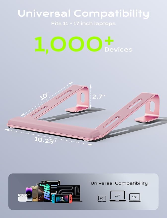 JCZT Aluminum Laptop Stand, Laptop Riser with Wrist Rest, Pink | Ergonomic Detachable Portable Laptop Stand for Desk, Notebook Holder Compatible with MacBook Air Pro, All 10-17'' Laptops - Image 5