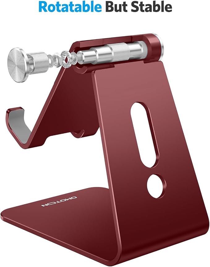 OMOTON C2 Adjustable Cell Phone Stand with Charging Cutout, Cherry Red | Sturdy 3mm Aluminum, Charging Port, 270° Adjustable, Non-Slip Silicone Pads, Works with Thick Cases, for All Smartphones - Image 7