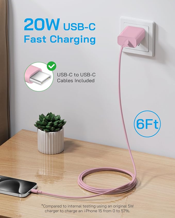 AISNI iPhone 17/16/15 Charger Fast Charging 3 Pack Type C Chargers | 20W Type C Charger Fast Charging USBC Charger for iPhone 17 16 15 Pro max iPad Pro with 6 FT iPhone USB C Cable-Light Pink - Image 3